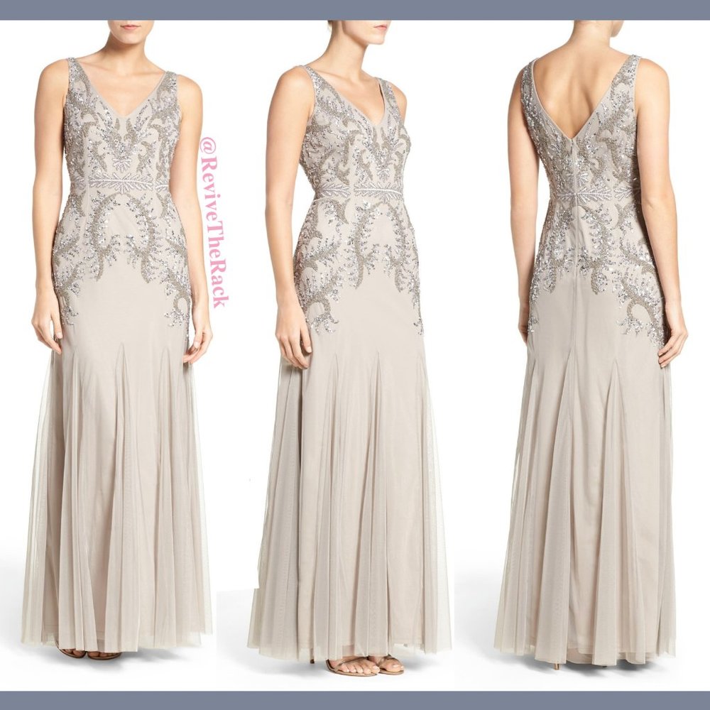 NWT Adrianna Papell V-Neck Beaded Embroidered Gown in‎ Platinum [ PETITE 2P ]